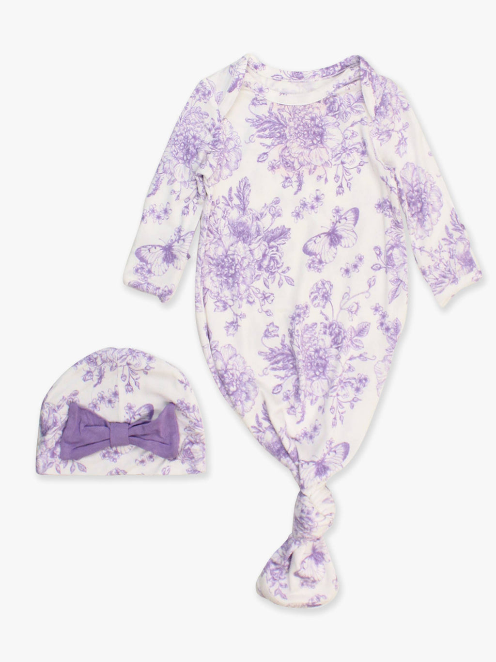 SoftSnooze™ Baby Girls Bamboo Viscose Wisteria Purple Butterfly Garden Toile Ruffle Knotted Sleep Gown & Bow Hat Set: Purple / Newborn-3m