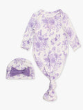 SoftSnooze™ Baby Girls Bamboo Viscose Wisteria Purple Butterfly Garden Toile Ruffle Knotted Sleep Gown & Bow Hat Set: Purple / Newborn-3m