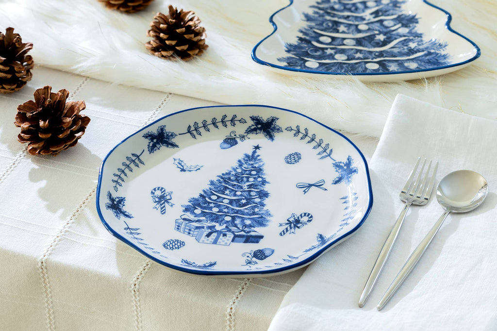 Blue Holly Christmas Tree 8.75" Dessert Salad Plate