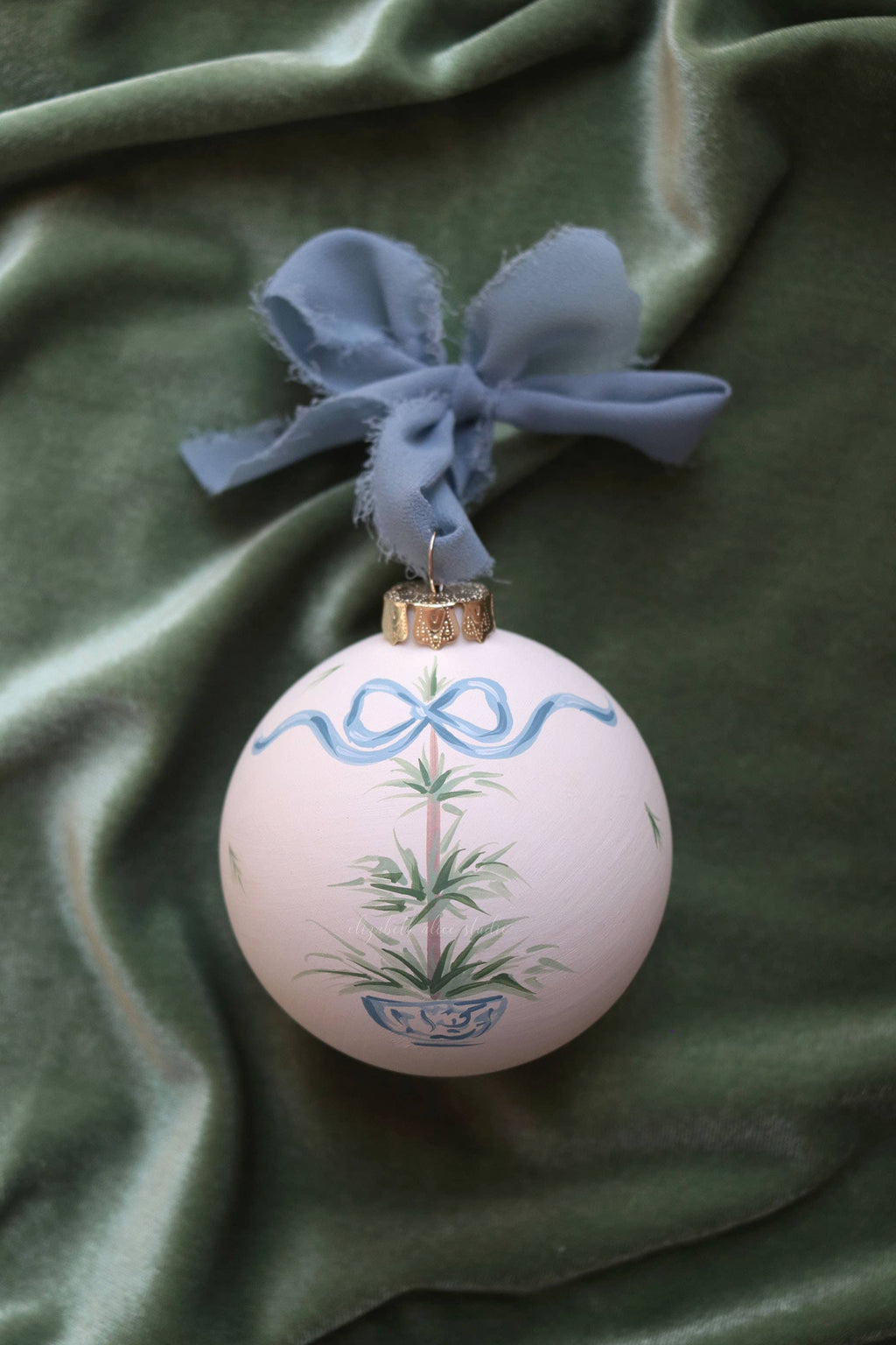 Hand-painted ceramic ornament, Blue Bow Tree 2025