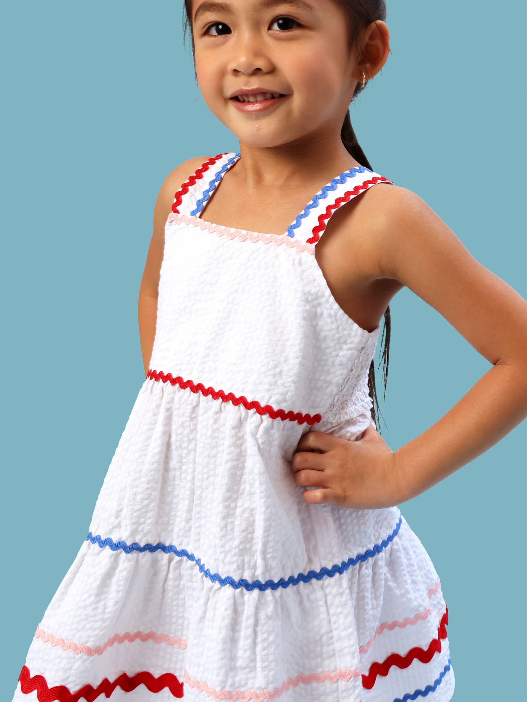 Girls Americana Signature Seersucker Tiered Ric Rac Swing Dress: Multi-Color / 2T
