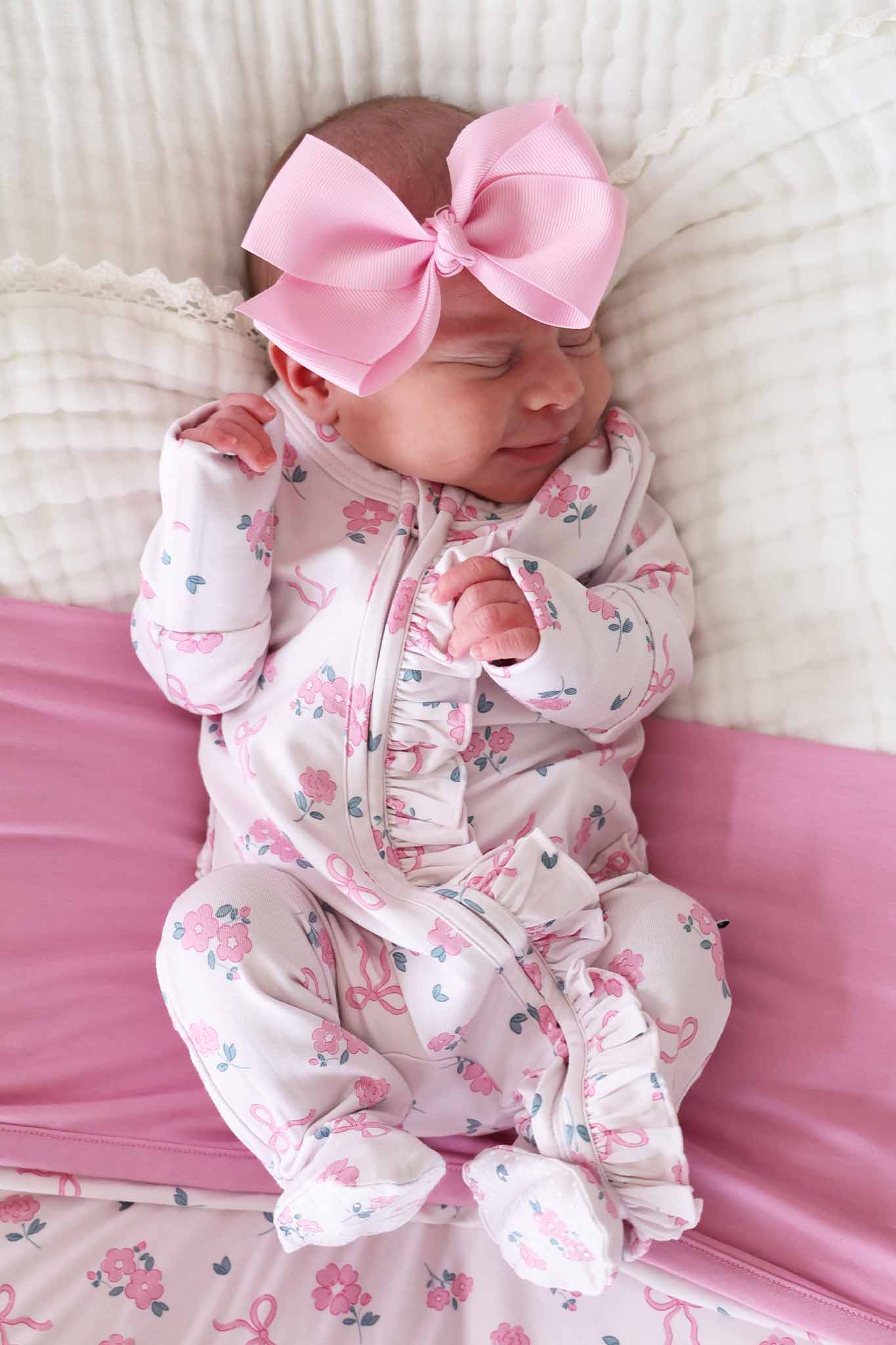 Ribbon & Roses Ruffle Zipper Footie | Pink: 6-9 months