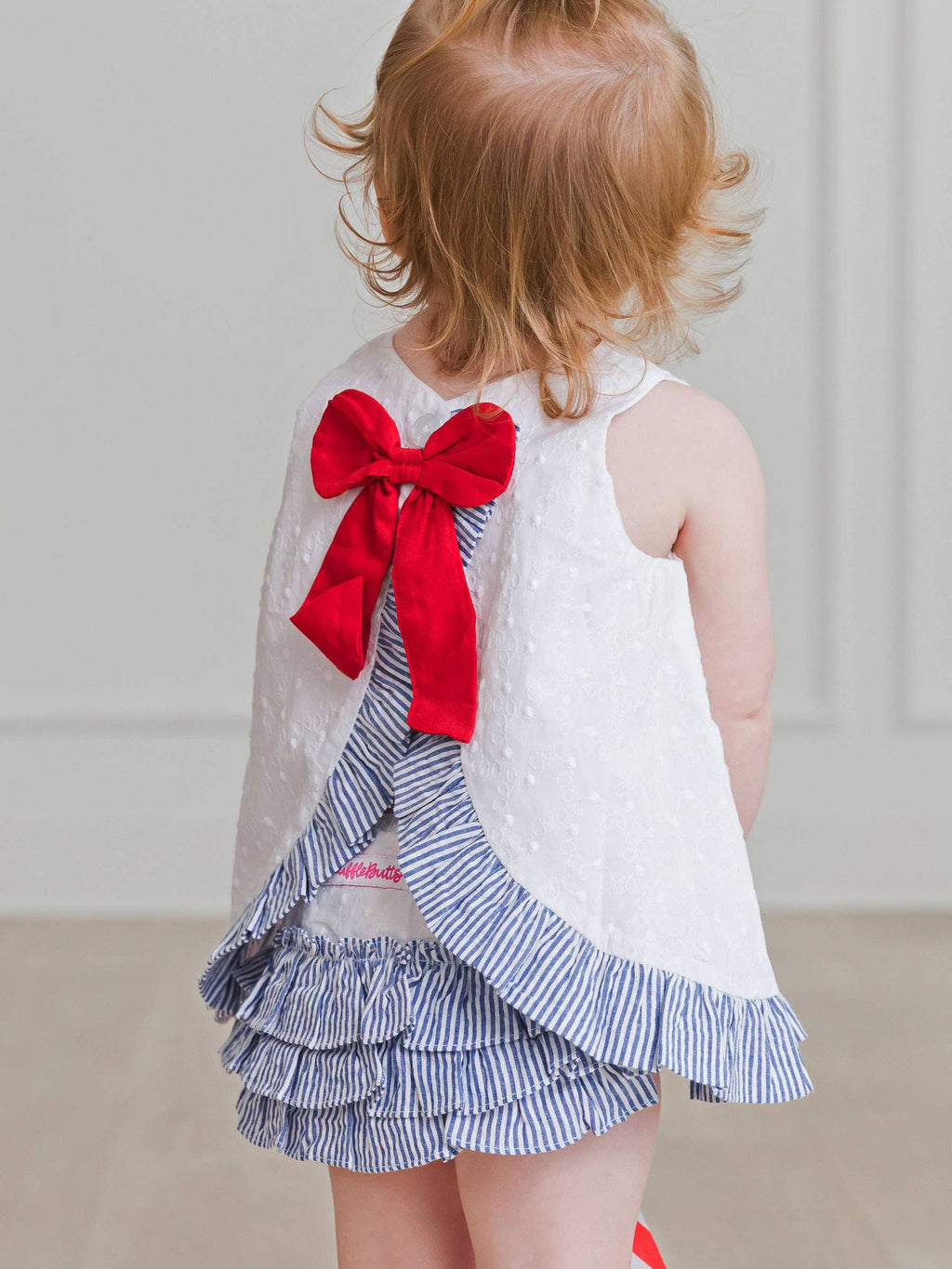 Baby Girls White & Classic Blue Seersucker Swiss Dot Swing Top & Bloomer Set: 12-18m