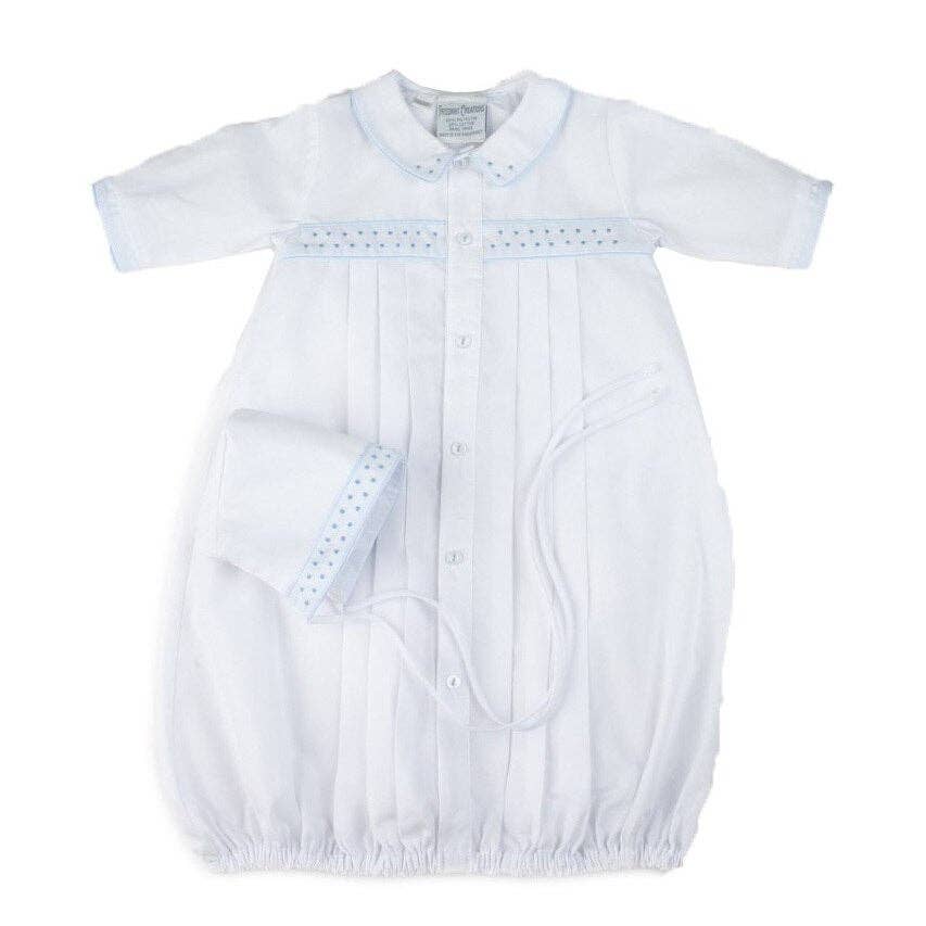 Preemie Boys Dot Embroidered Take Me Home Gown with Hat: White / Preemie