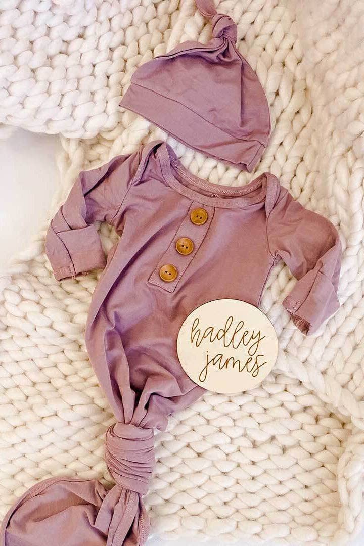 Dusty Purple Bamboo Knotted Gown & Hat: Newborn / 7-14lbs+