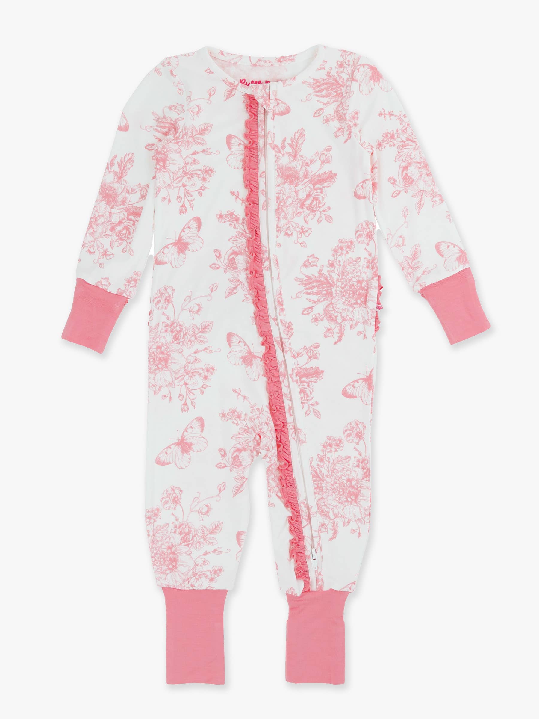 SoftSnooze™ Baby Girls Bamboo Viscose Pink Butterfly Garden Toile Convertible Ruffle One Piece Footie Pajama: White / 3-6m