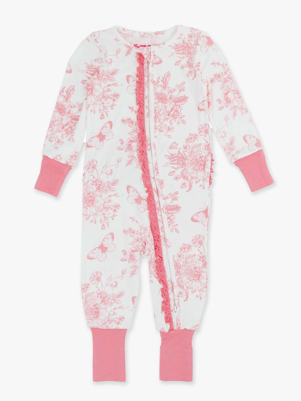 SoftSnooze™ Baby Girls Bamboo Viscose Pink Butterfly Garden Toile Convertible Ruffle One Piece Footie Pajama: White / Newborn