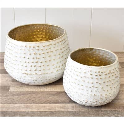 Embossed Dot Metal Planter Set of 2 - White/Gold