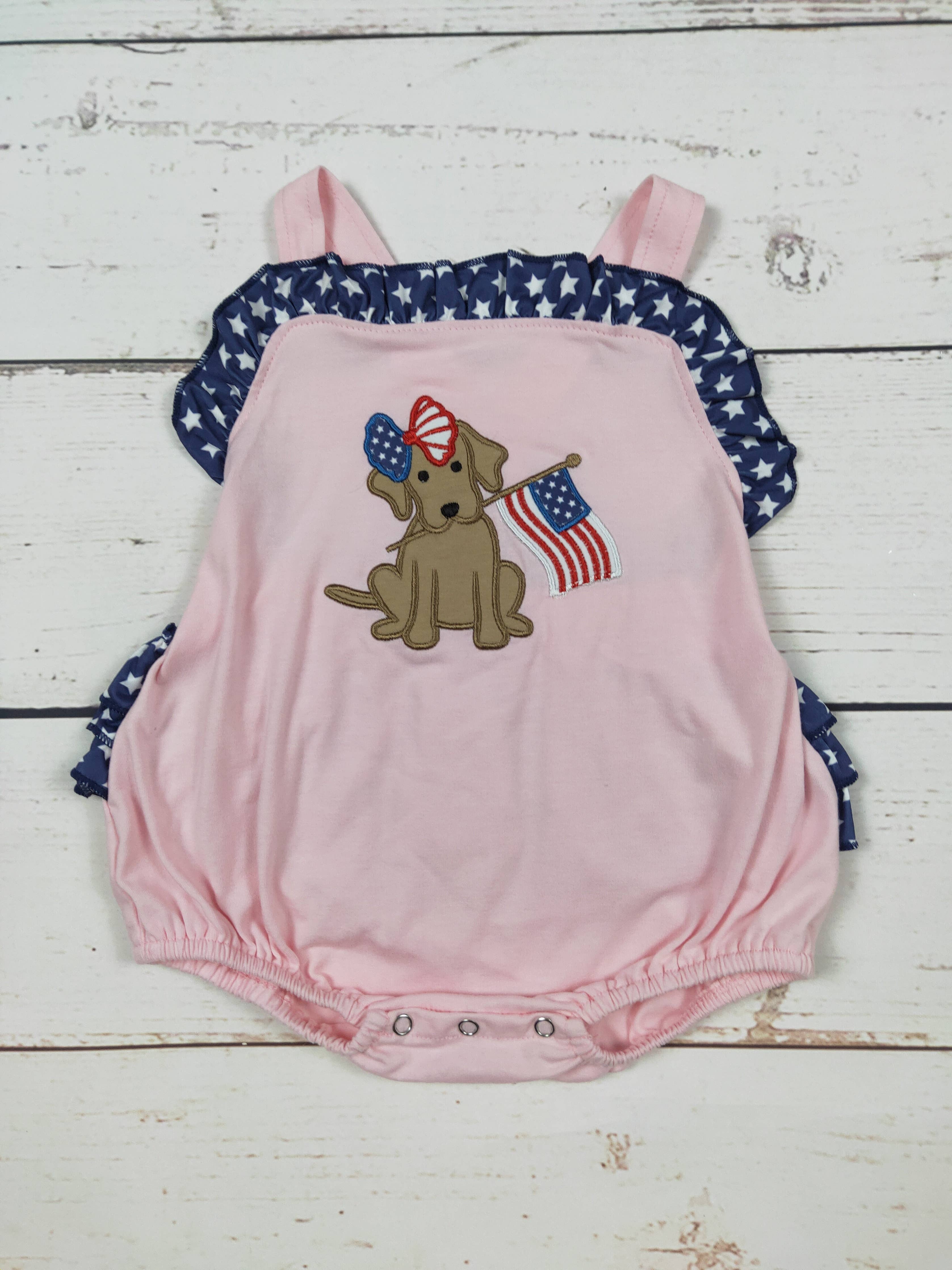 Baby Girl Dog Appliqué Patriotic Bubble: 0-3M
