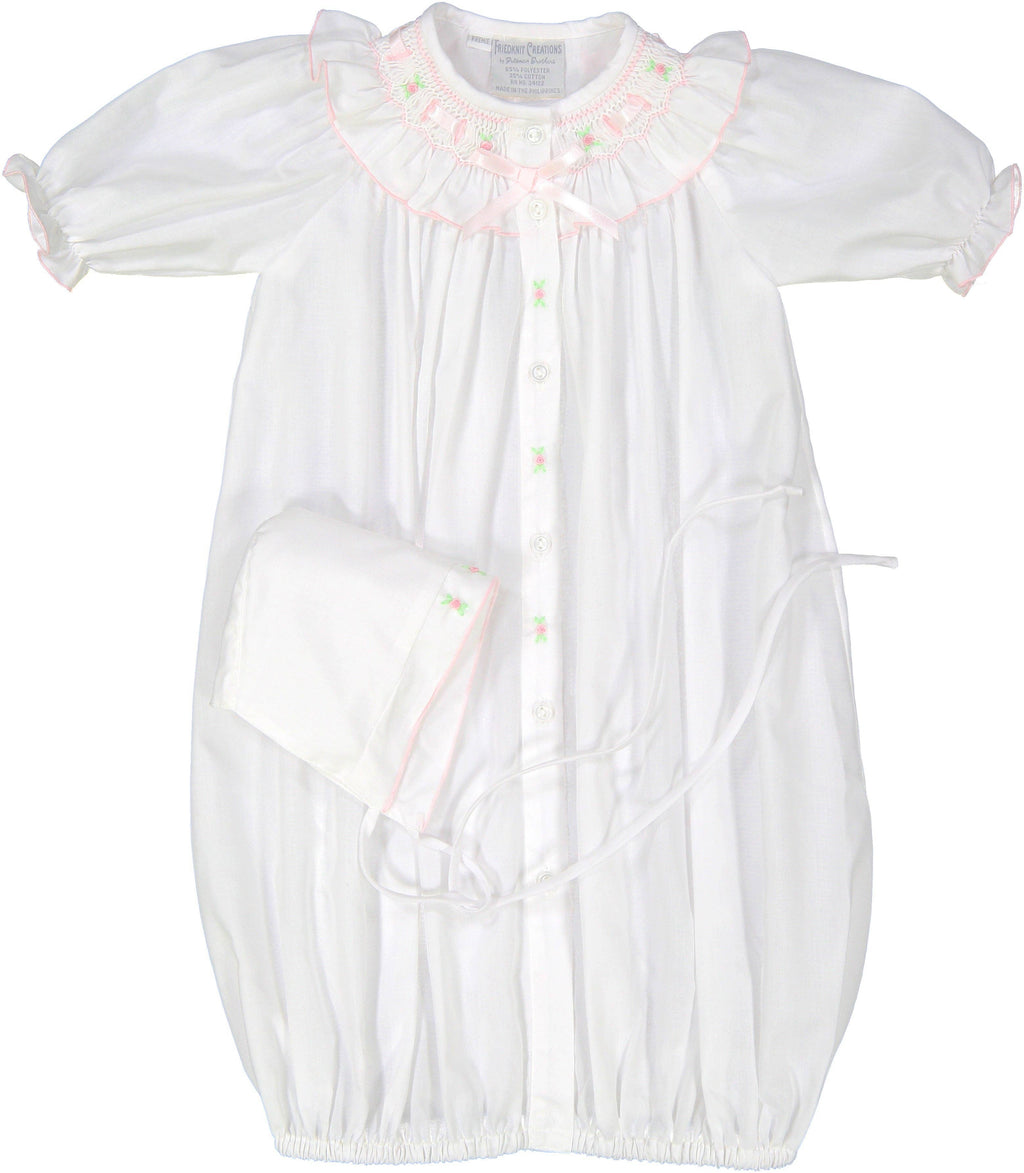 Preemie Ribbon Ruffle Smocked Take Me Home Gown with Hat: White / Preemie