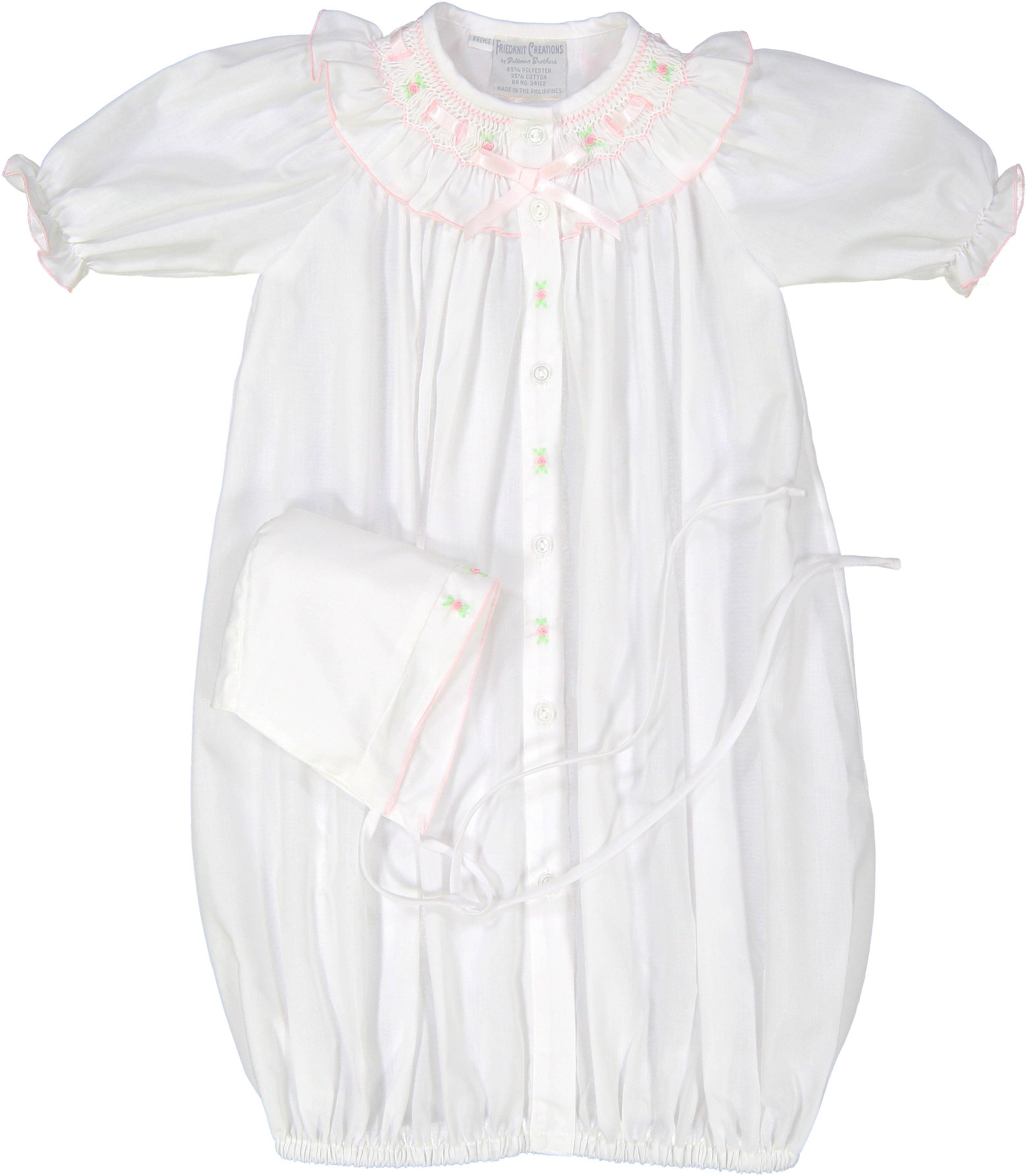 Preemie Ribbon Ruffle Smocked Take Me Home Gown with Hat: White / Preemie