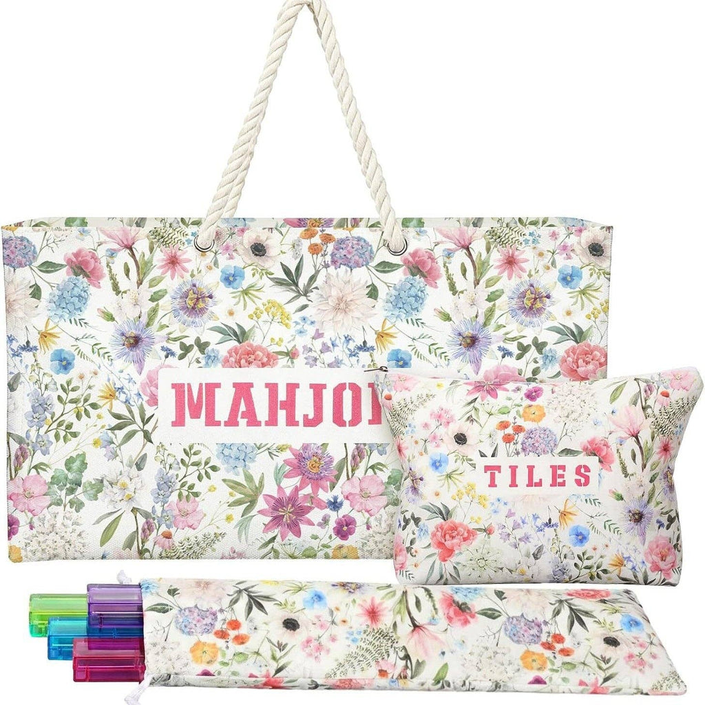 American Mahjong Storage Bag Set, Beige Floral Print 3-Piece Organizer: Pink