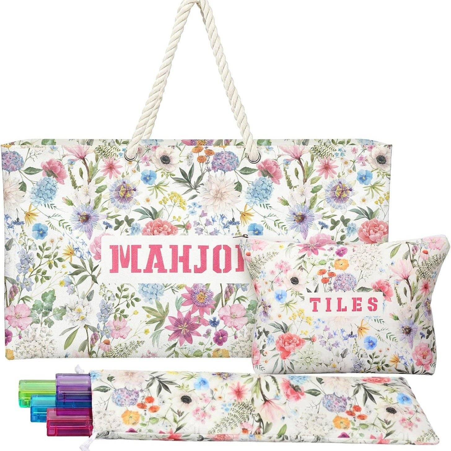 American Mahjong Storage Bag Set, Beige Floral Print 3-Piece Organizer: Pink
