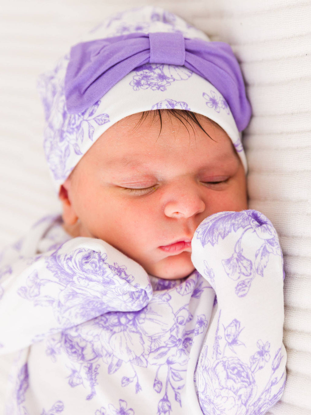 SoftSnooze™ Baby Girls Bamboo Viscose Wisteria Purple Butterfly Garden Toile Ruffle Knotted Sleep Gown & Bow Hat Set: Purple / Newborn-3m