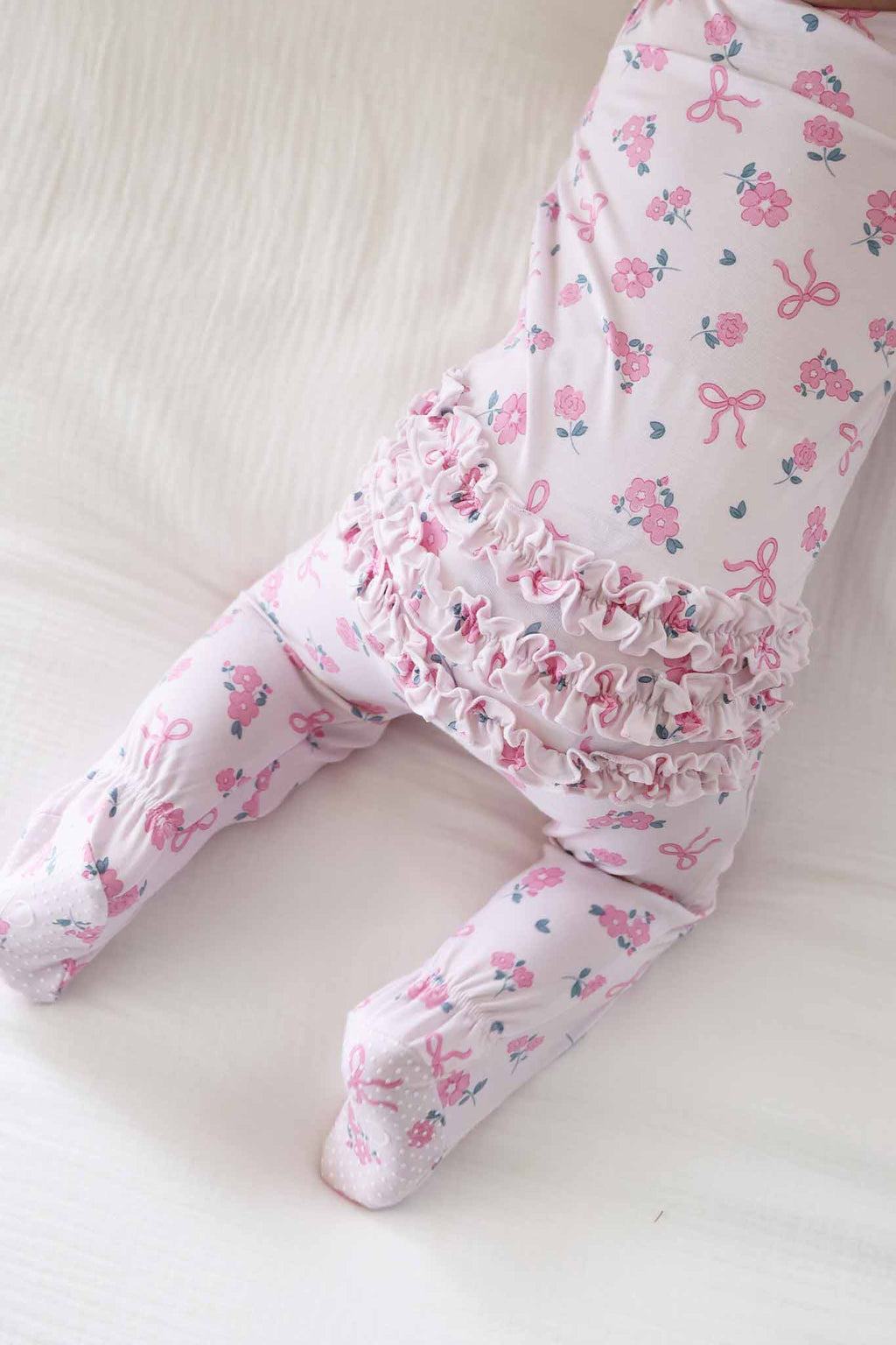 Ribbon & Roses Ruffle Zipper Footie | Pink: 6-9 months