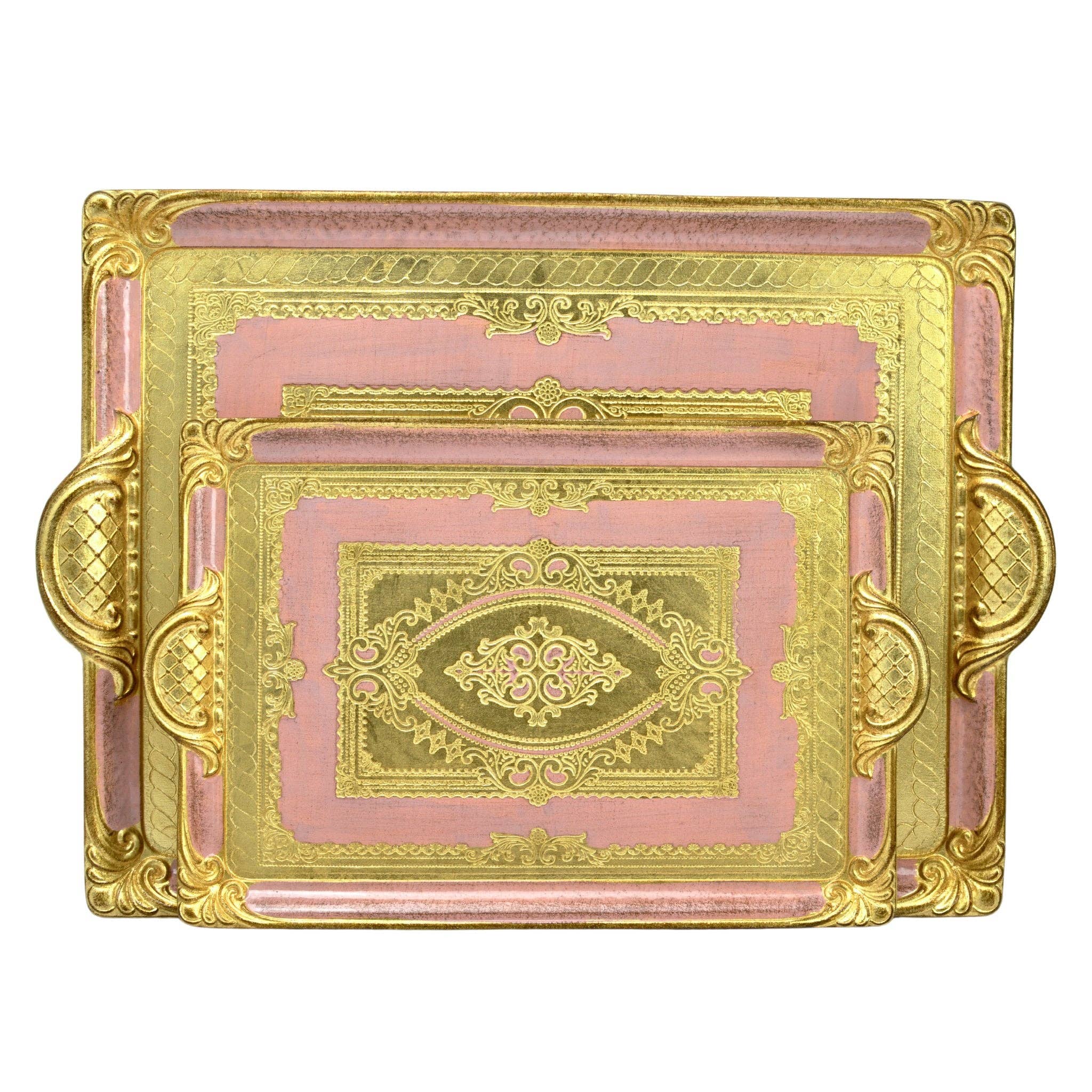 Florentine Carved Rectangle Tray with Handles, M or L, Made in Italy: Cappuccino / Medium