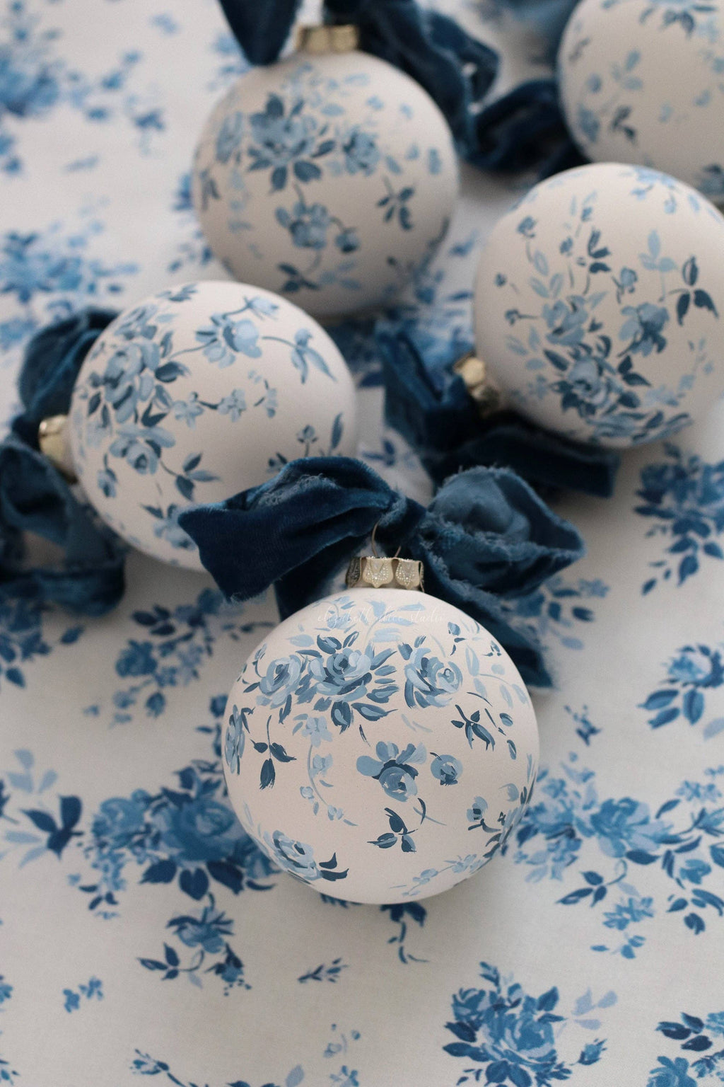 Blue vintage rose hand-painted ornament