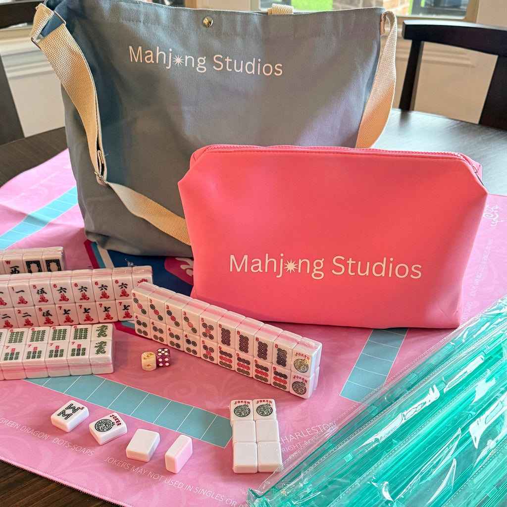All In One - Mahjong Bundle - American Mahjong Set 166 Tiles - Blue & Tan Bag Pink Mat 2-color Pink Tiles: Purple