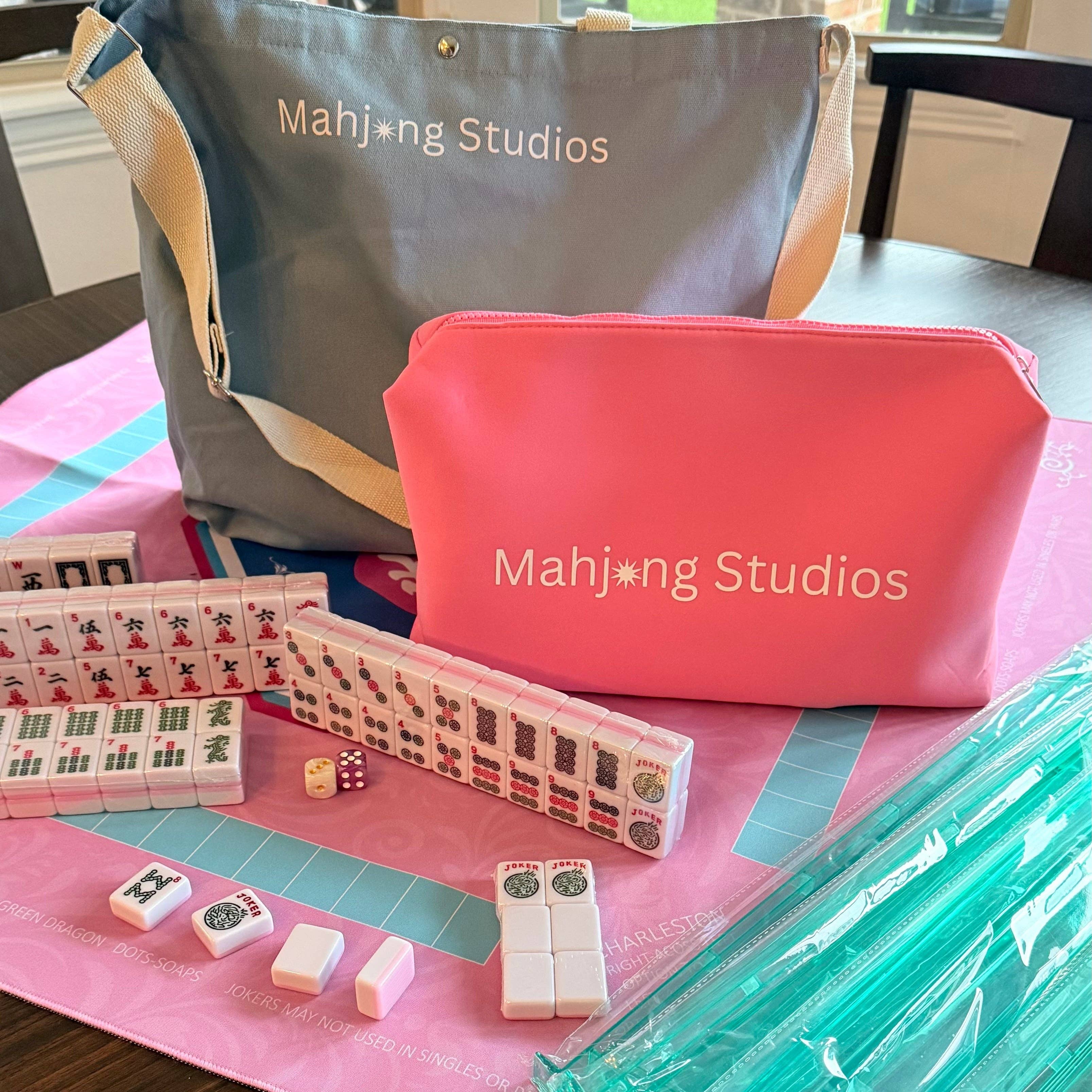 All In One - Mahjong Bundle - American Mahjong Set 166 Tiles - Blue & Tan Bag Pink Mat 2-color Pink Tiles: Purple