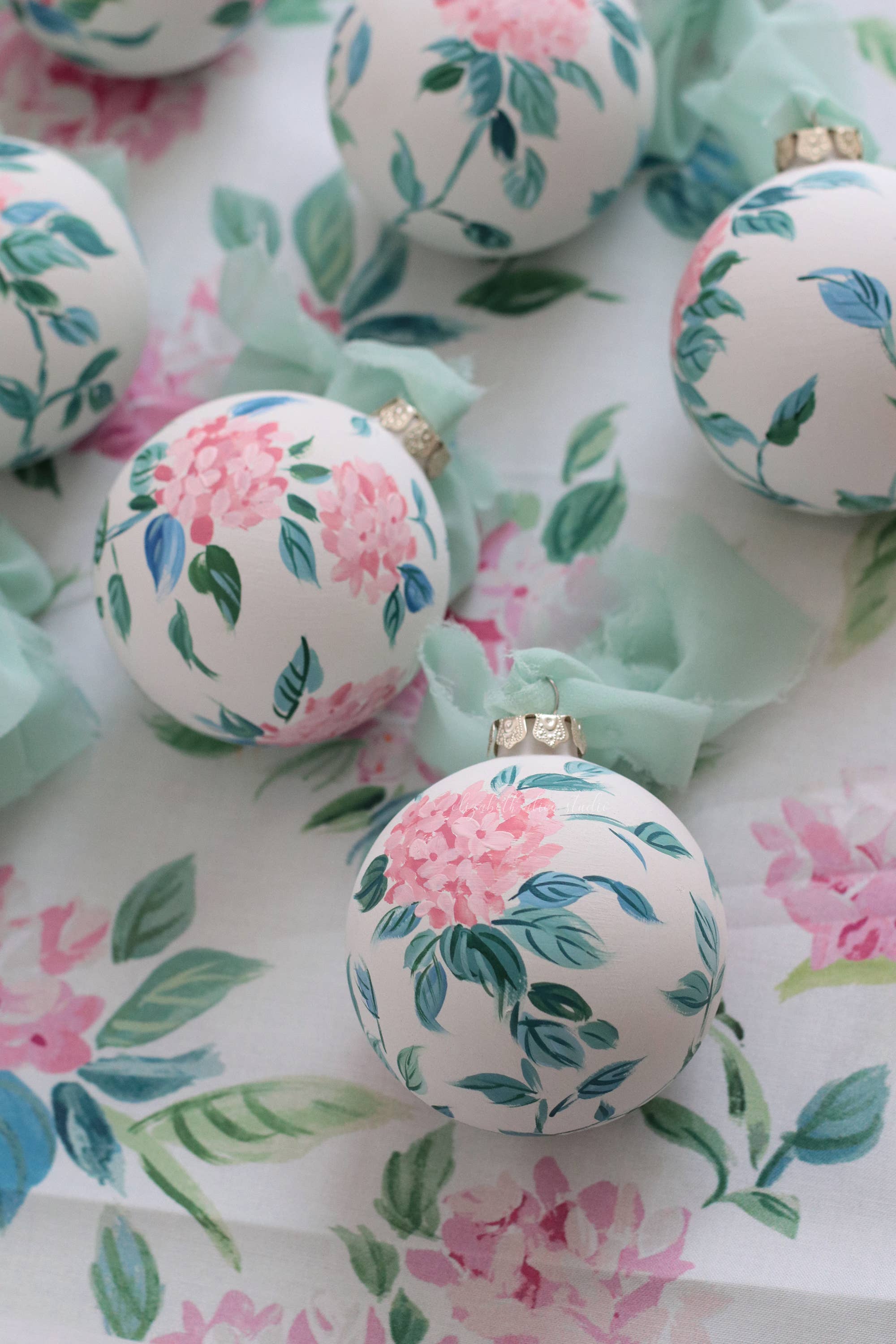 Pink hydrangea chinoiserie hand-painted ornament