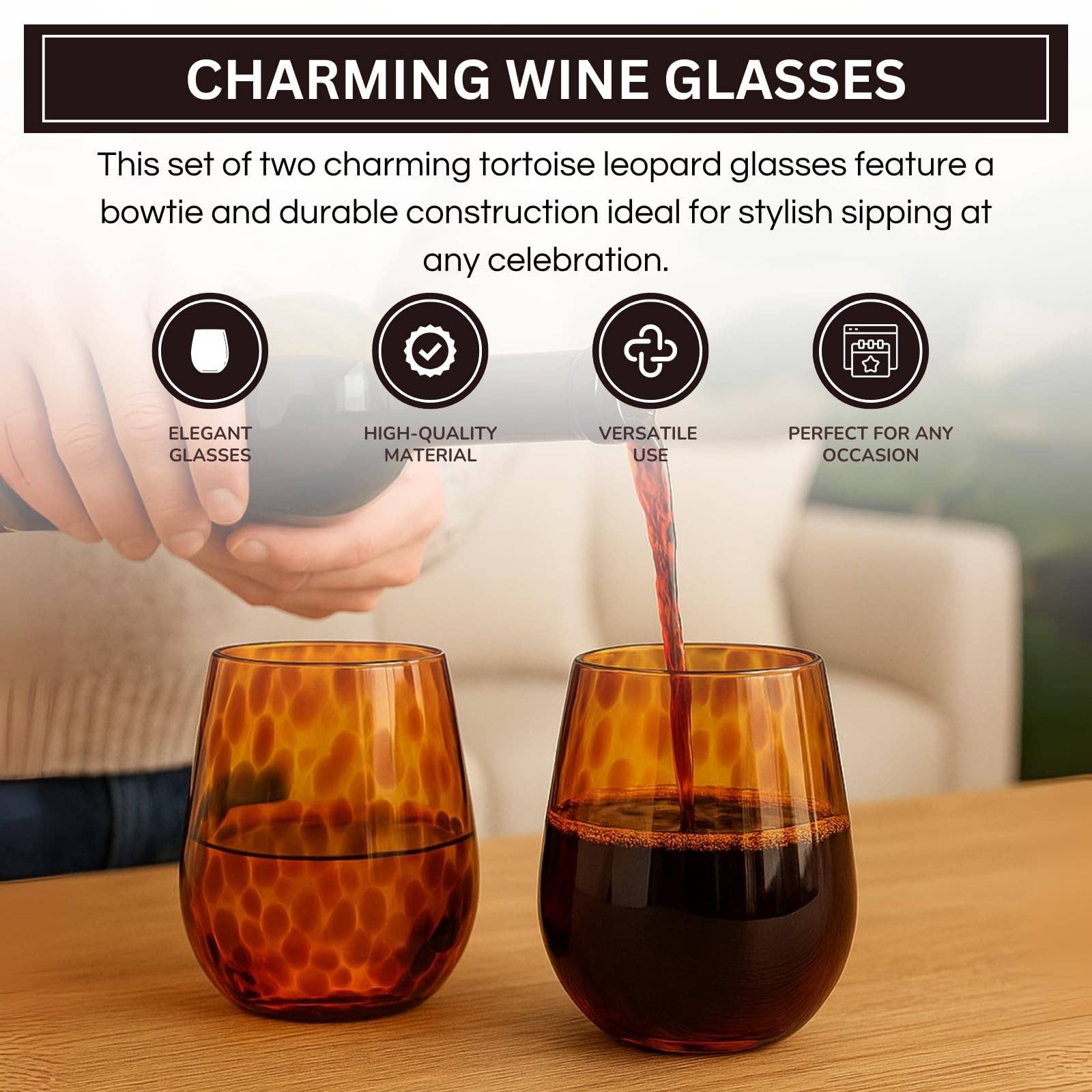 Leopard Print Amber Colored Stemless Wine Glass |  Set of 2