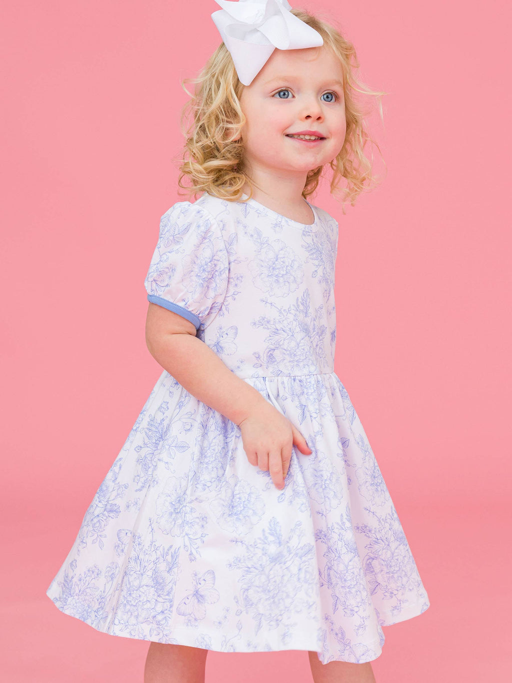 Girls Periwinkle Butterfly Garden Puff Short Sleeve Bow Twirl Dress: Blue / 2T