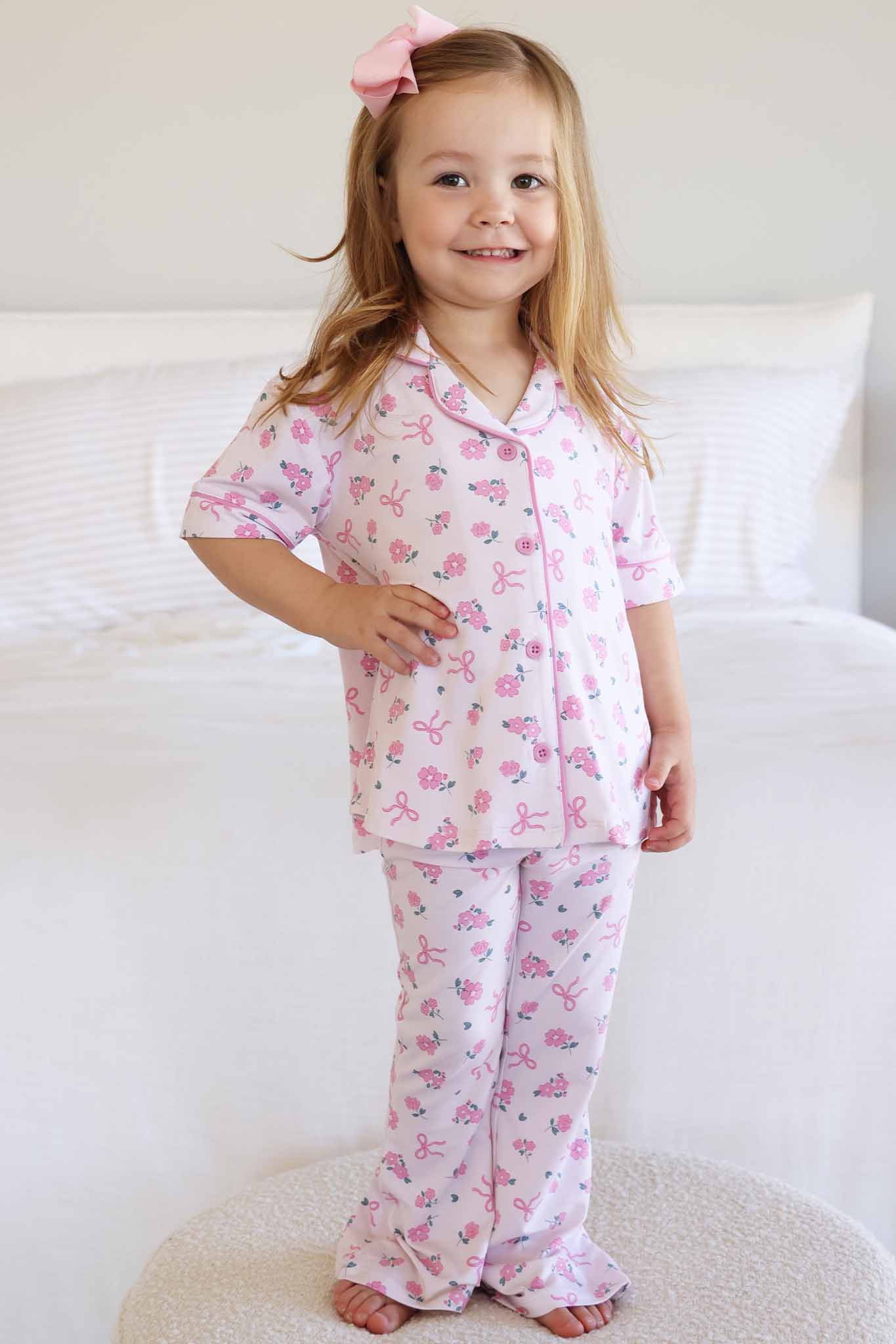 Girl's Two Piece Flare Lounge Set | Ribbon & Roses Pink: 2T