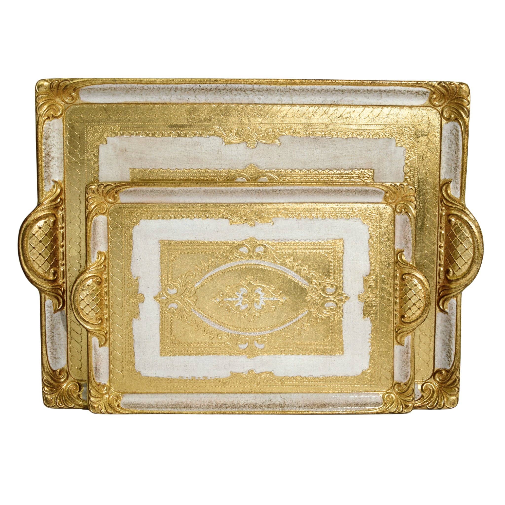 Florentine Carved Rectangle Tray with Handles, M or L, Made in Italy: Cappuccino / Medium