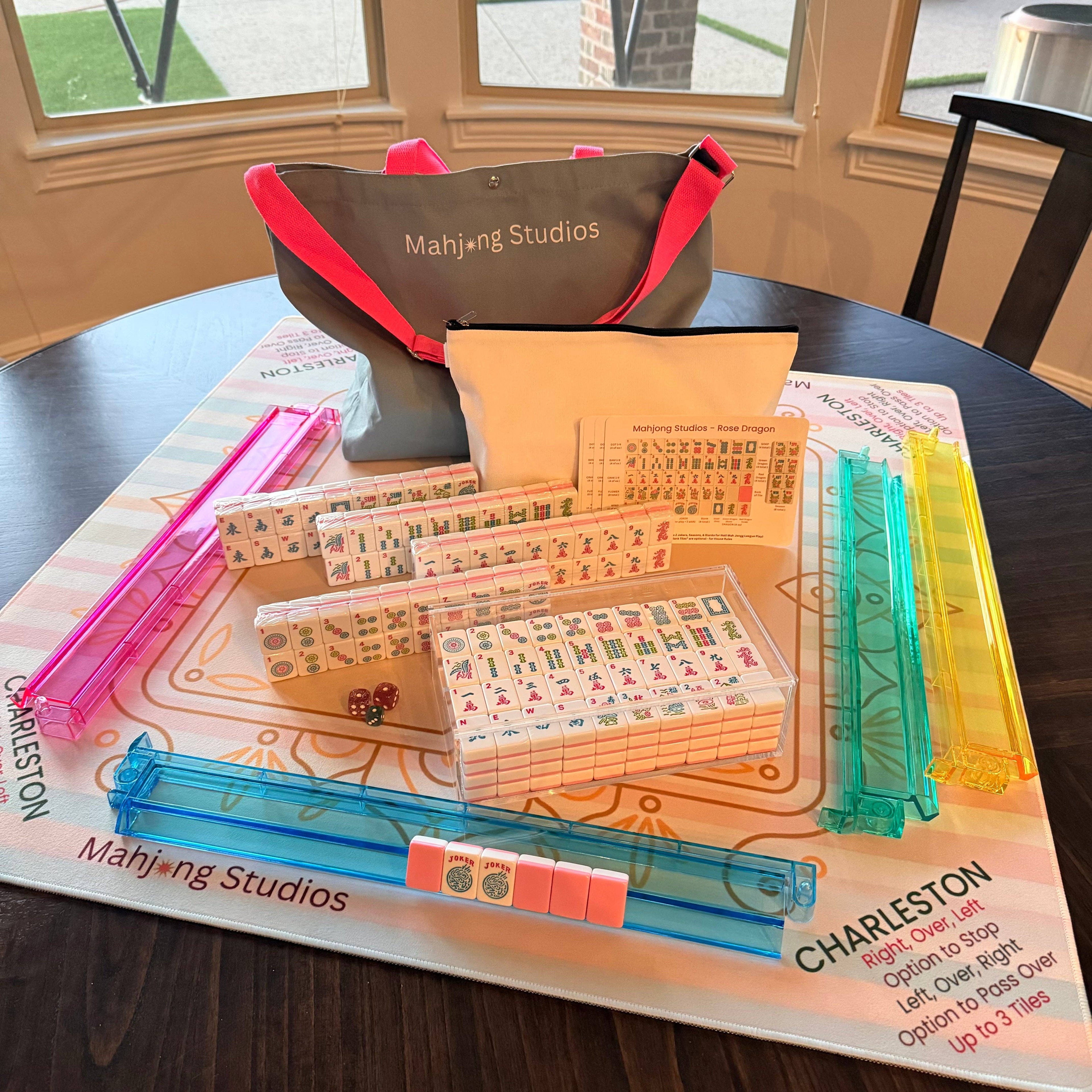 Mahjong Studios – Rose Dragon American Mahjong Tile Set (166 Tiles): All In One - Carry Bag + Tiles & Bag + Mat + Racks + Instructions