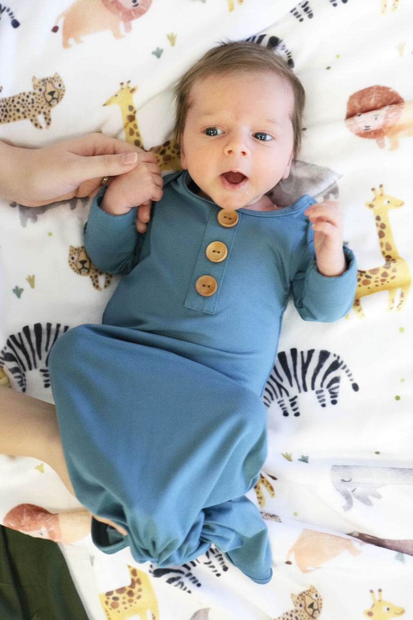 Solid Dusty Blue Bamboo Baby Knot Gown & Hat: Newborn / 7-14lbs+