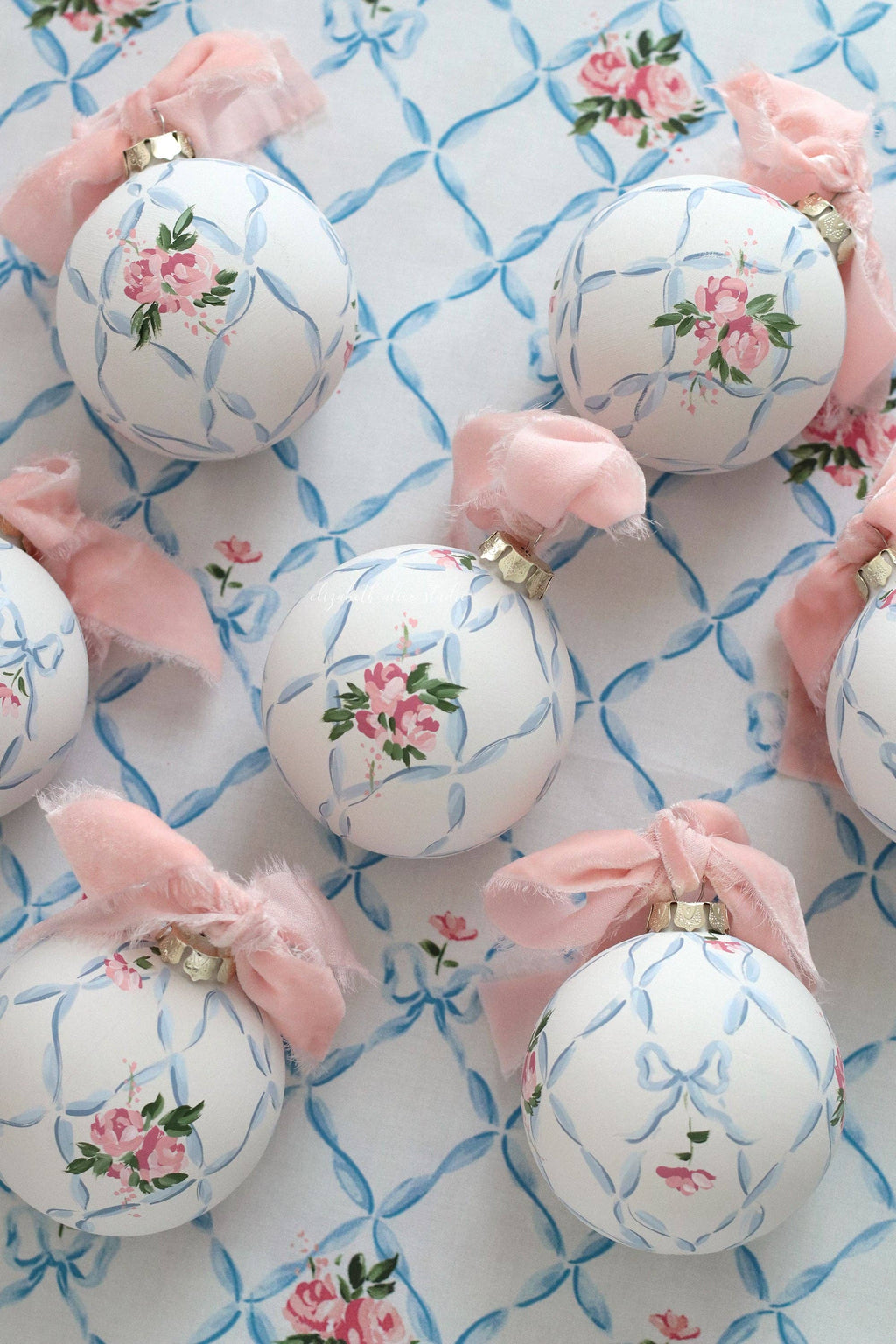 Ribbon trellis and rose hand-painted ornament