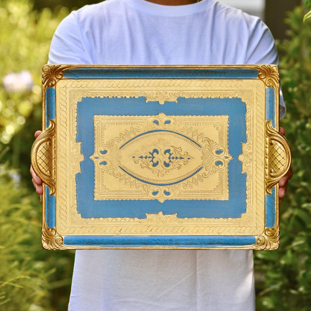 Florentine Carved Rectangle Tray with Handles, M or L, Made in Italy: Cappuccino / Medium