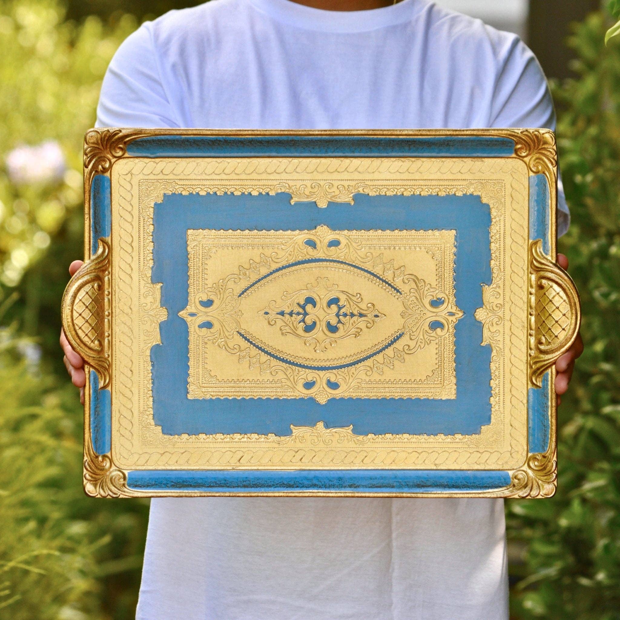 Florentine Carved Rectangle Tray with Handles, M or L, Made in Italy: Cappuccino / Medium