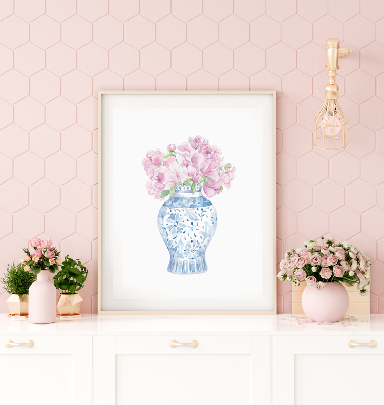 Ginger Jar with Peonies Watercolor Art Print: 5x7