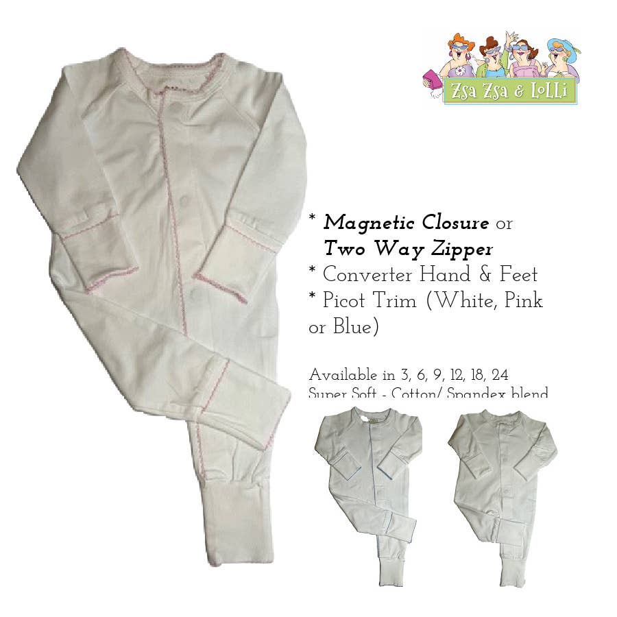 Footie (Converter - magnetic closure) Picot Trim, Baby Gift: White with White trim / 12 mos