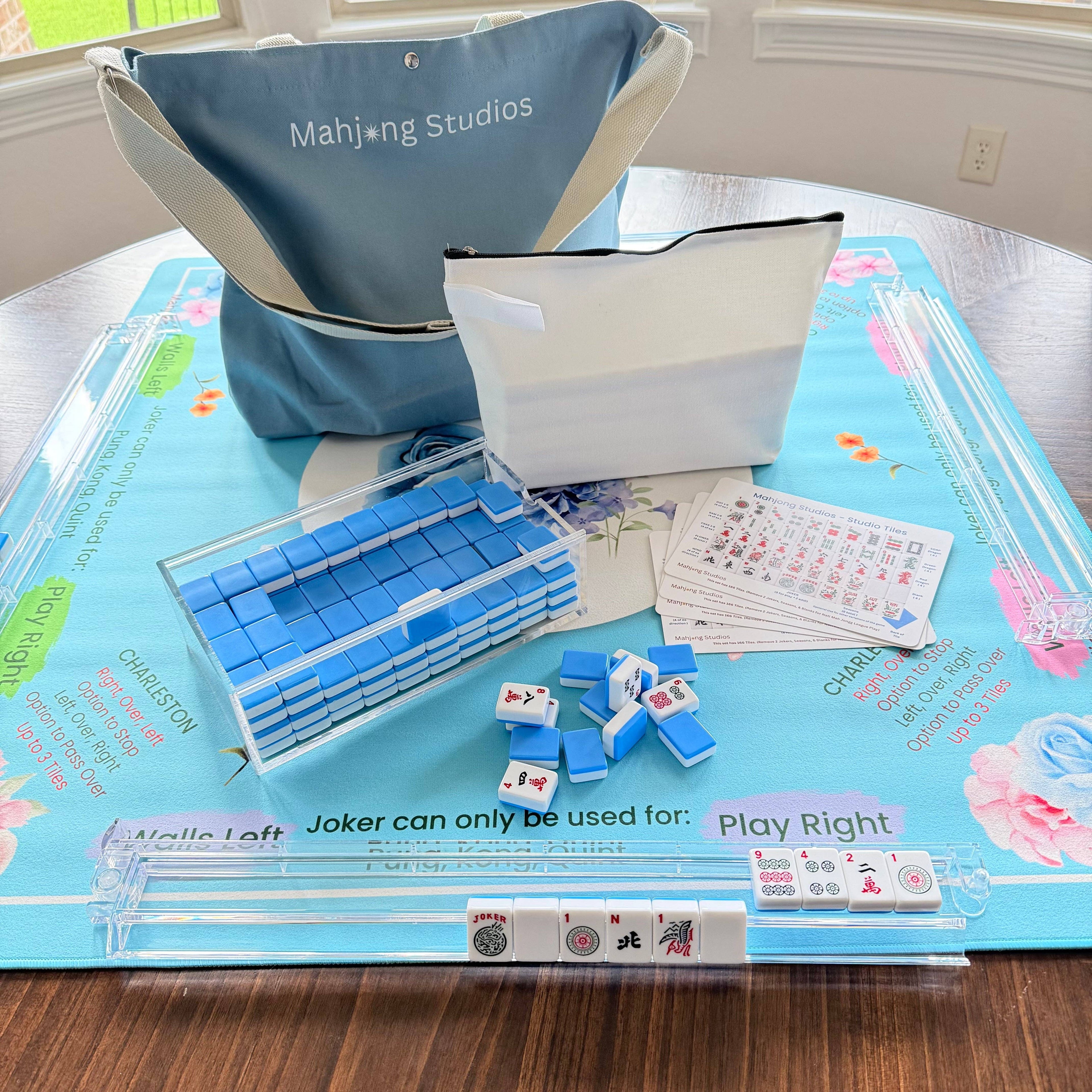 Blue Mahjong Tiles Bundle – American Mahjong 166 Tiles, Studio Tiles Clear Racks Teal Mat: Tiles +Dice & Instructions - BRAND NEW - but some are open.