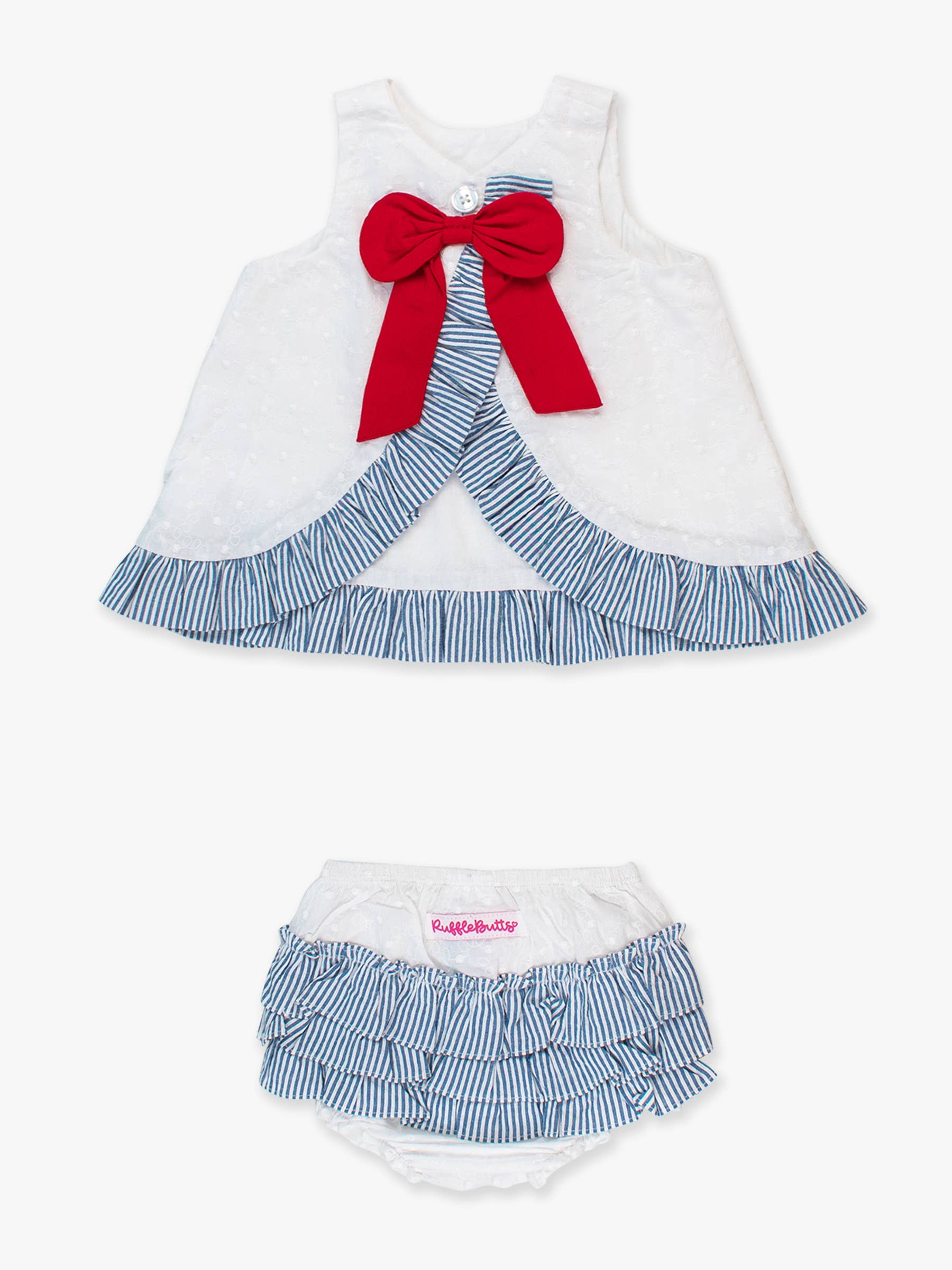 Baby Girls White & Classic Blue Seersucker Swiss Dot Swing Top & Bloomer Set: 3-6m