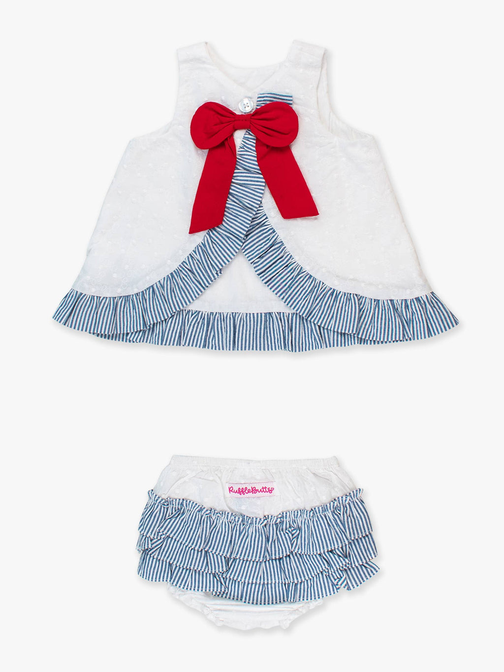 Baby Girls White & Classic Blue Seersucker Swiss Dot Swing Top & Bloomer Set: 0-3m