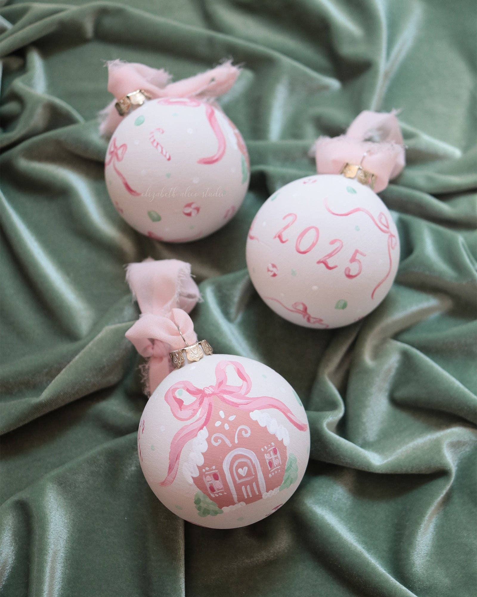 Pink gingerbread house hand-painted ornament: No year (bows and candy on reverse)
