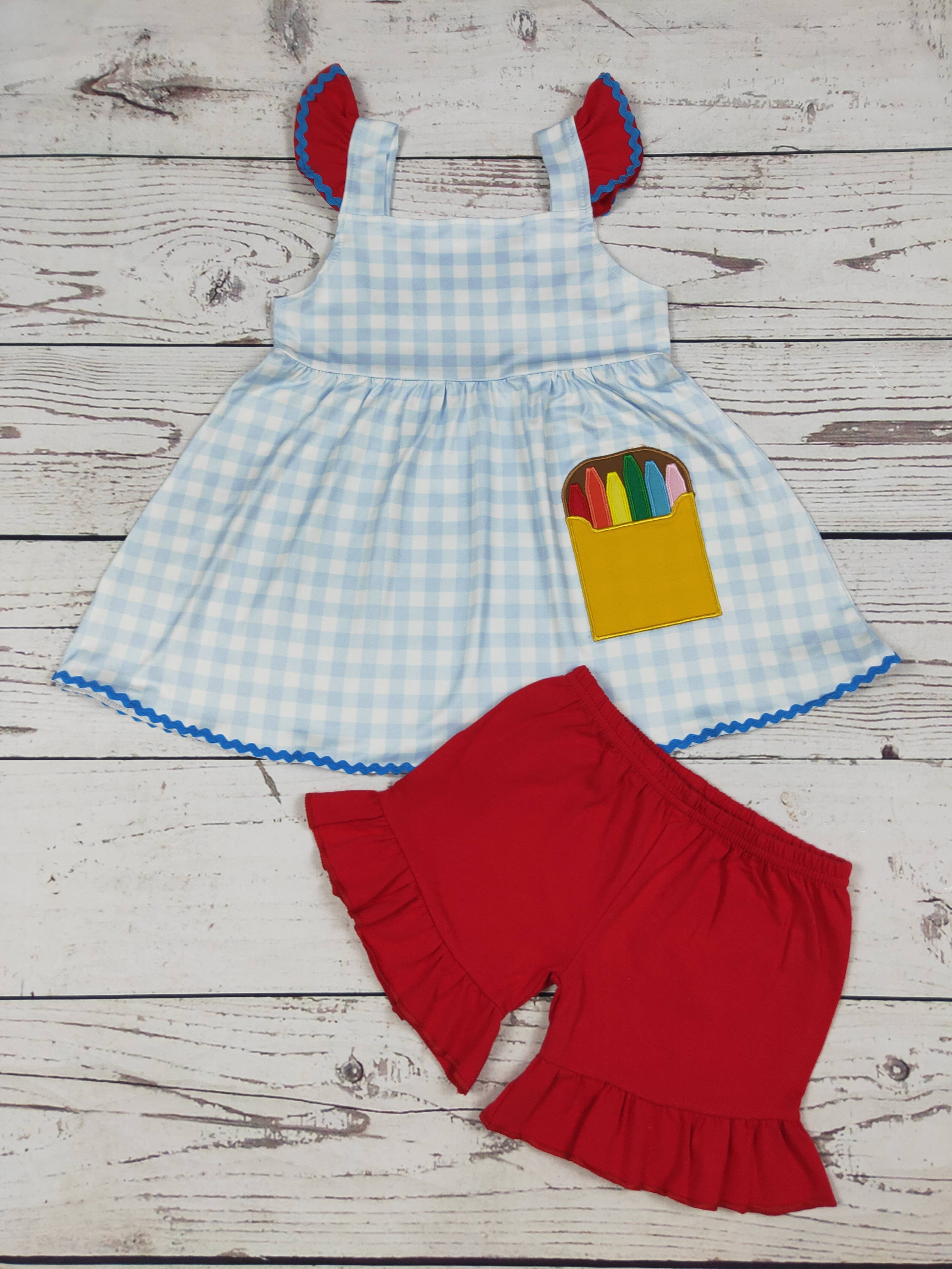 Crayon Appliqué Girls Back To School Shorts Set: 2T