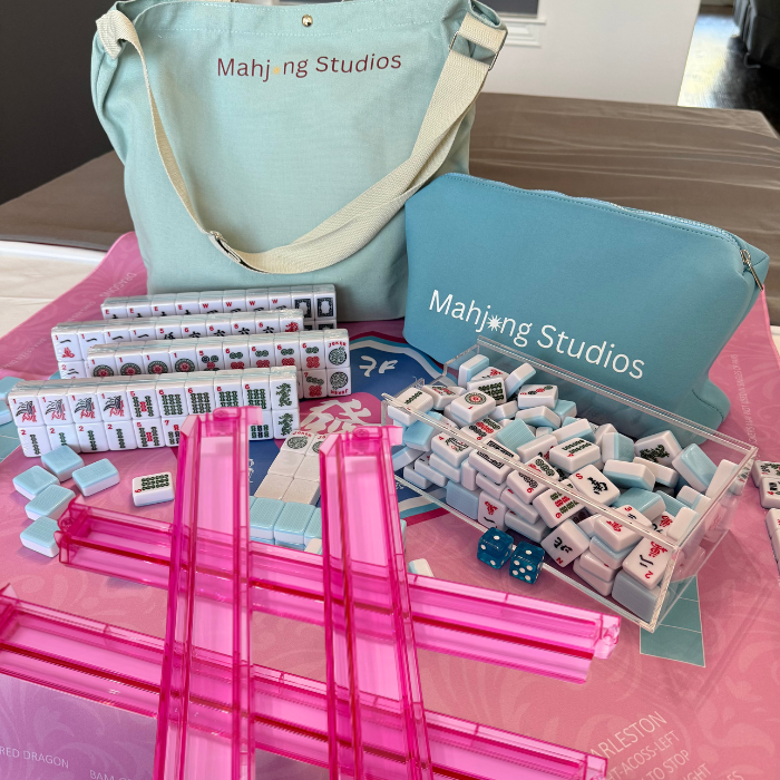 American Mahjong Set 166 Tiles Bundle - Green Bag Pink Mat 2-color blue tiles: Bright Multi