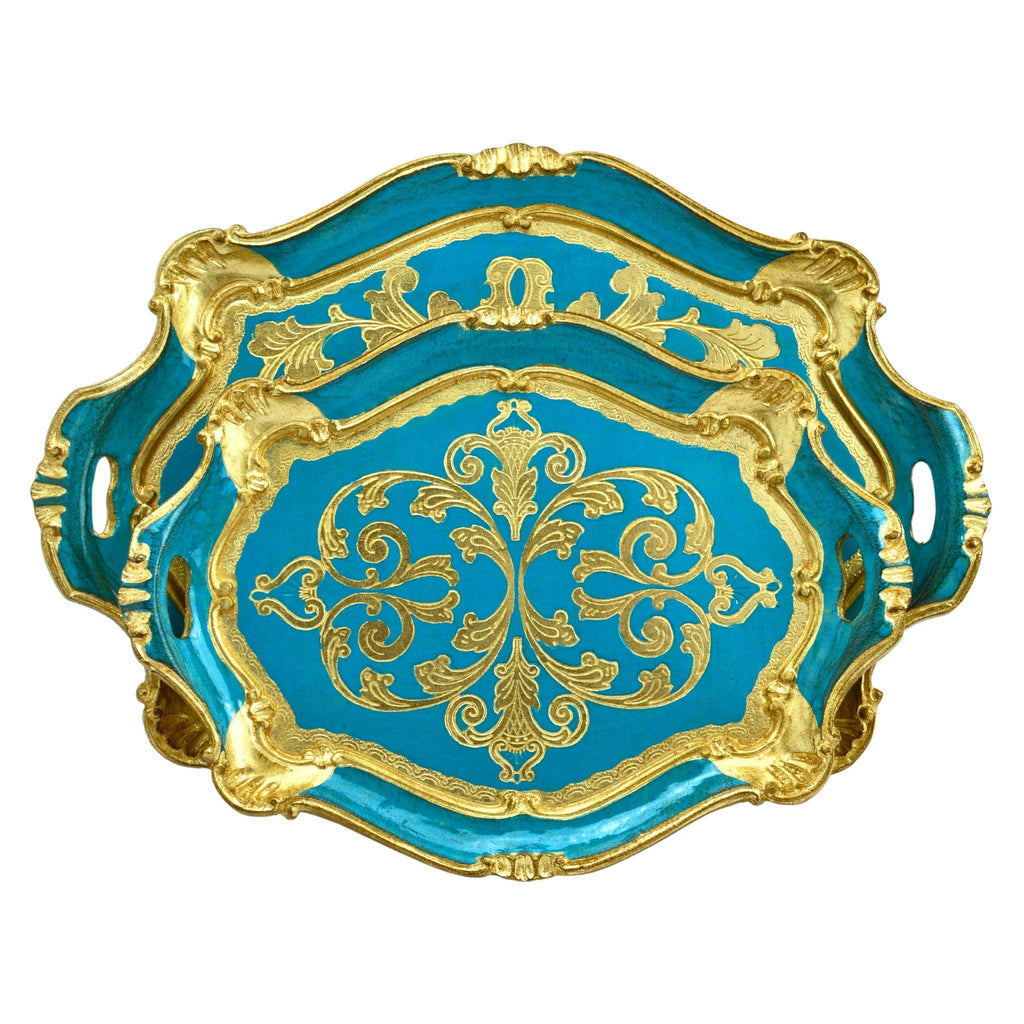 Florentine Carved Oval Scalloped Wood Tray with Handles: Pink / Medium