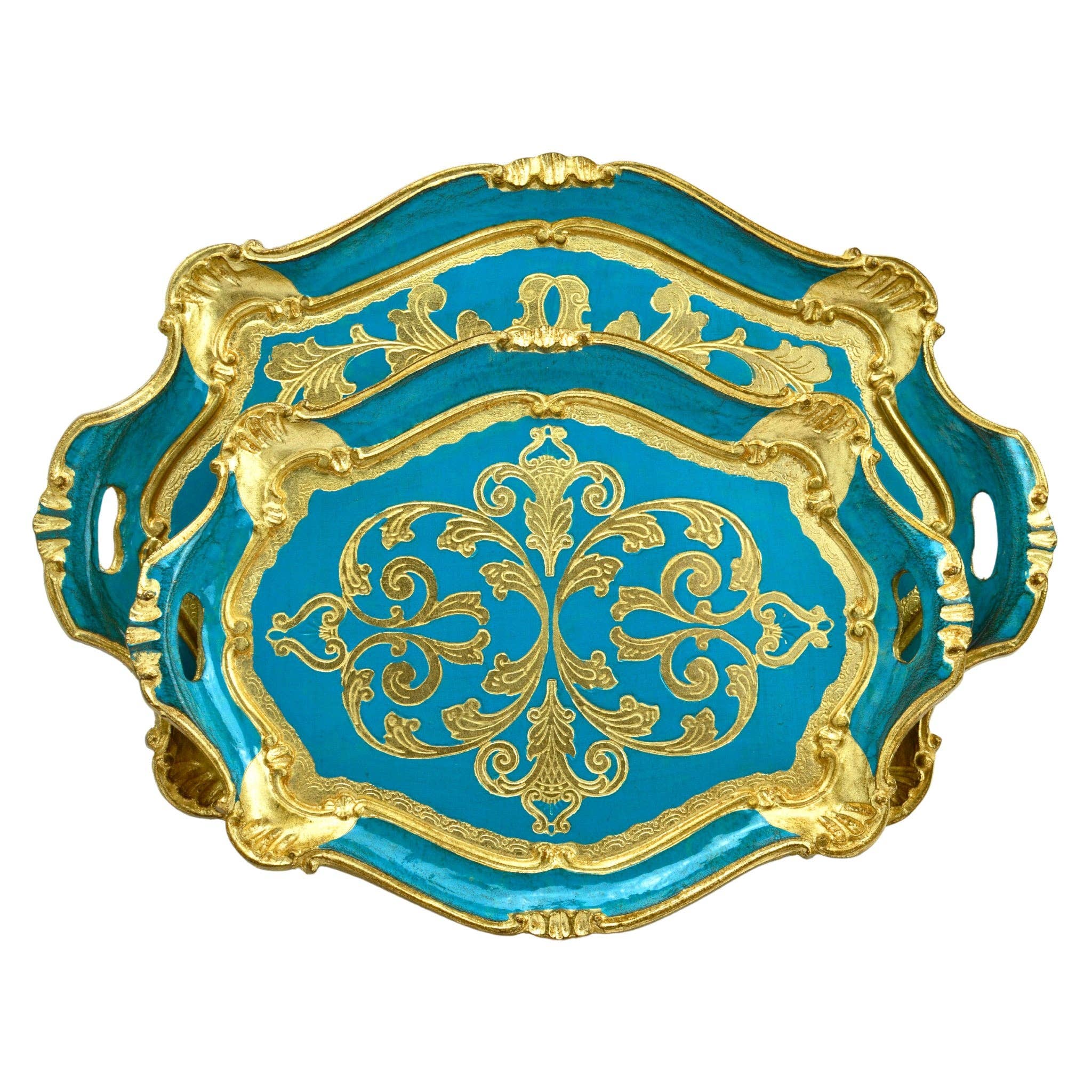 Florentine Carved Oval Scalloped Wood Tray with Handles: Pink / Medium