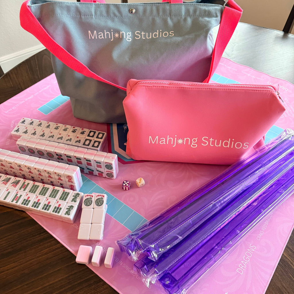 All In One - Mahjong Bundle - American Mahjong Set 166 2-Color Tiles - Pink Tiles and Mat: No Rack