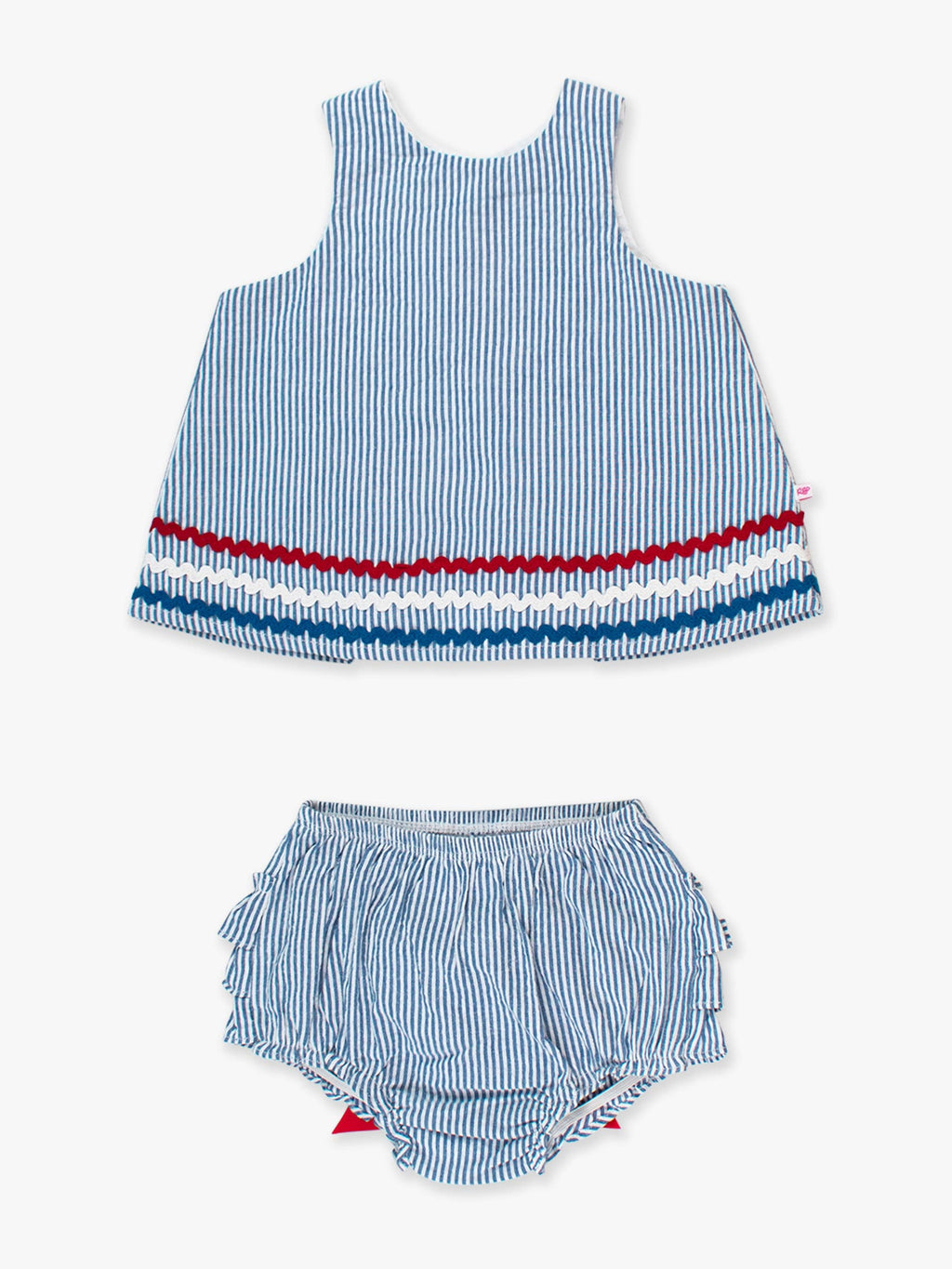 Baby Girls Americana Classic Blue Seersucker Ric Rac Swing Top & Bloomer Set: 6-12m