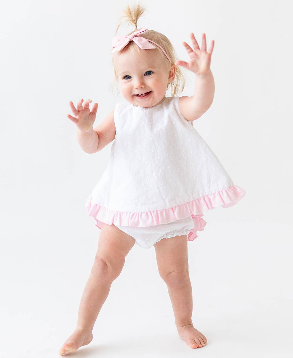 Baby Girls White & Pink Swiss Dot Swing Top & Bloomer Set: White / 0-3m