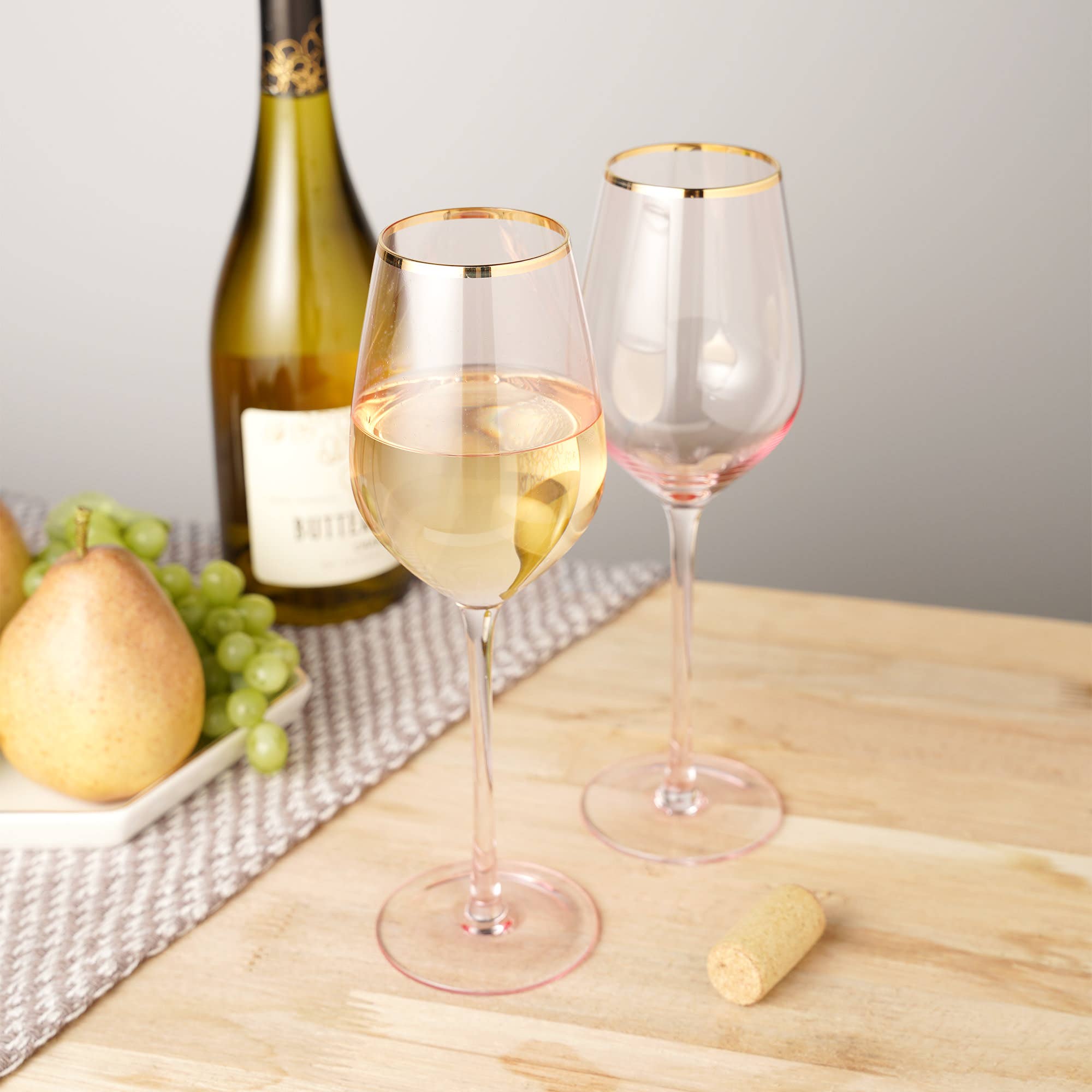 Rose Crystal Gold Rimmed White Wine Glasses Set of 2