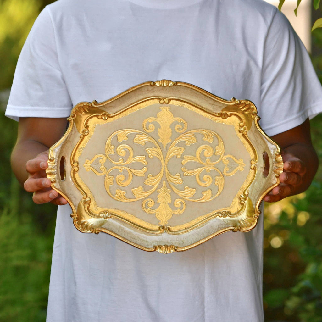 Florentine Carved Oval Scalloped Wood Tray with Handles: Capri Blue / Medium
