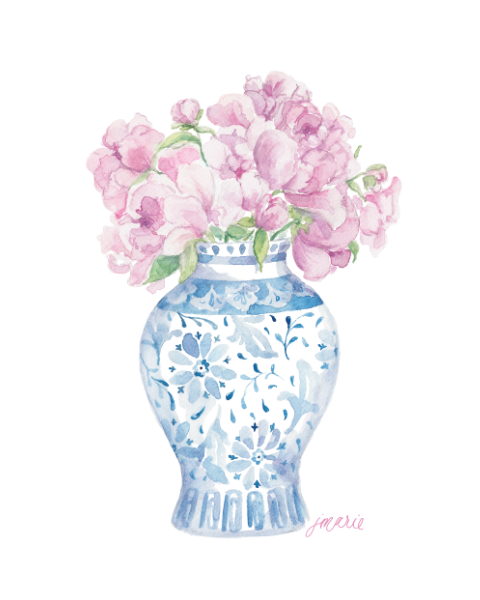 Ginger Jar with Peonies Watercolor Art Print: 5x7