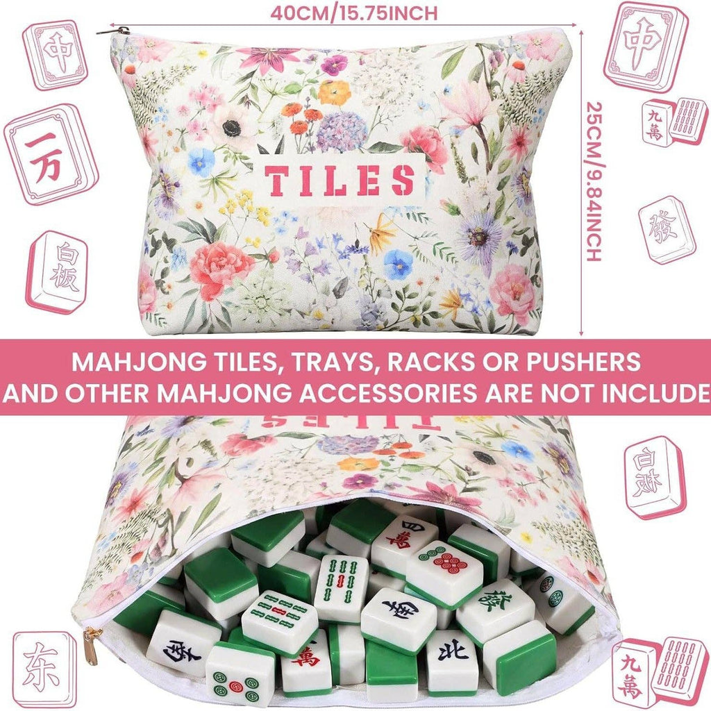 American Mahjong Storage Bag Set, Beige Floral Print 3-Piece Organizer: White
